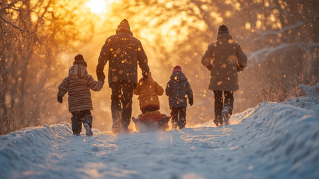 Family enjoying winter walk through snowy forest at golden sunsetの素材