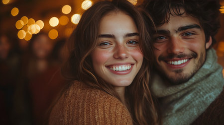 Smiling young couple at night under festive holiday lightsの素材