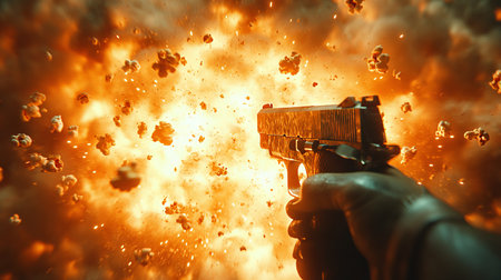 Hand holding a gun amidst an explosive popcorn explosionの素材