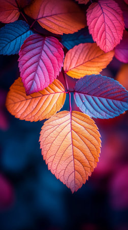 Vibrant autumn leaves with gradient hues in close-up viewの素材