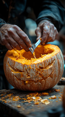 Detailed pumpkin carving in progress for Halloweenの素材