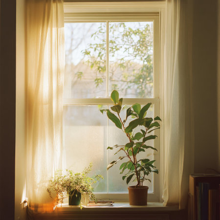 Sunlit window with houseplants and light curtains in cozy interiorの素材