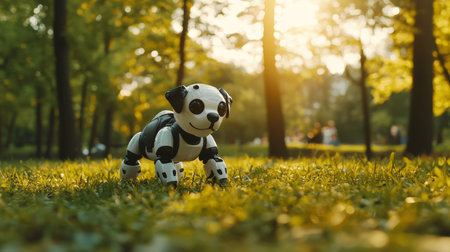 Lifelike robotic puppy exploring grassy park in sunlightの素材