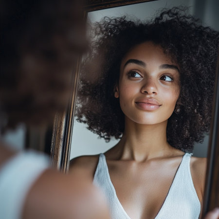 Smiling woman with afro hairstyle admiring reflection in mirrorの素材