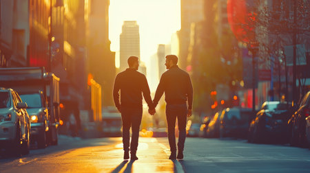Couple walking hand in hand down a sunset-lit city streetの素材