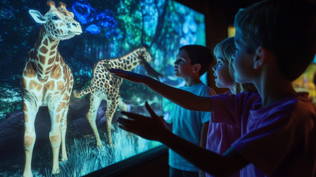 Children interacting with digital giraffes in immersive museum experienceの素材