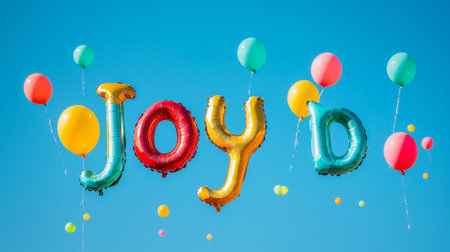Floating balloons spelling Joy on a clear dayの素材