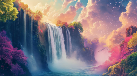 Mystical waterfall in a colorful fantasy forest landscapeの素材