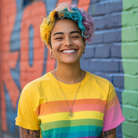 Colorful hair woman smiling in rainbow pride shirtの素材