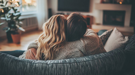 Couple relaxing together on the couch in a cozy living roomの素材