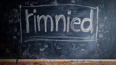 Handwritten chalk word "Fimnied" on textured blackboardの素材