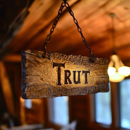 Rustic wooden "Trut" sign hanging indoors with warm lightingの素材