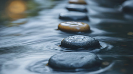Smooth black stones in water creating a peaceful pathの素材