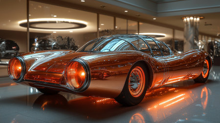 Chrome concept car in futuristic showroom with glowing accentsの素材