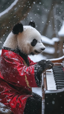 Panda playing piano in snowy forest wearing traditional red robeの素材