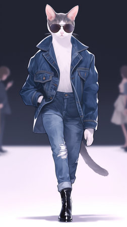 Anthropomorphic cat model walking runway in denim outfitの素材