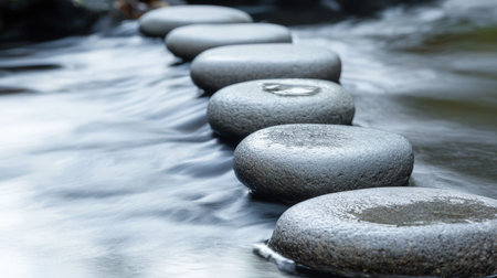 Smooth white stones in flowing water, tranquil sceneの素材