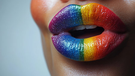 Close-up of lips painted in vibrant rainbow colorsの素材