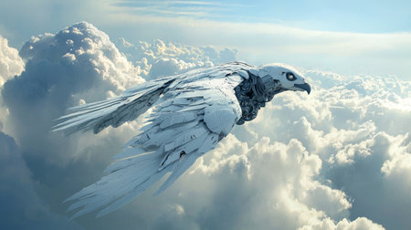 Futuristic robotic bird soaring above the cloudsの素材