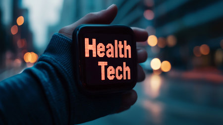 Close-up of hand holding a health tech device with urban backgroundの素材