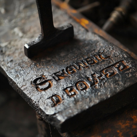 Iron stamp impression of text on weathered metal surfaceの素材