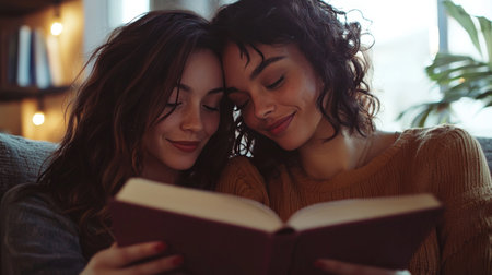 Two women enjoying a quiet moment reading togetherの素材