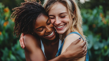 Joyful embrace of two women sharing laughter in natureの素材