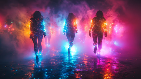 Women walking in metallic clothes with dramatic lighting and fogの素材