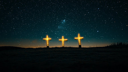 Three glowing crosses beneath a starry night skyの素材