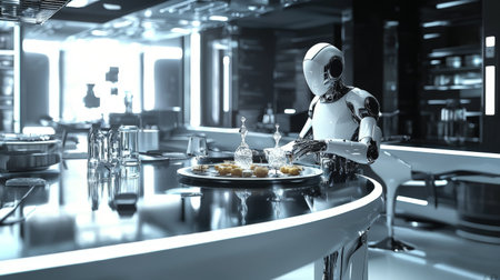 Humanoid robot serving drinks in a futuristic kitchenの素材