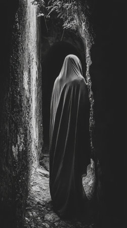 Hooded figure walking through narrow stone passagewayの素材