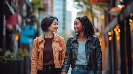 Smiling friends walking together in a vibrant city streetの素材