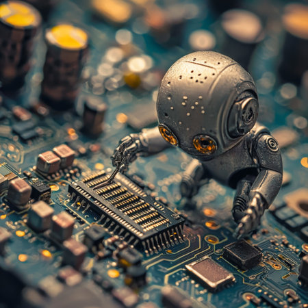 Small robot using tools to fix a microchip on a circuit boardの素材