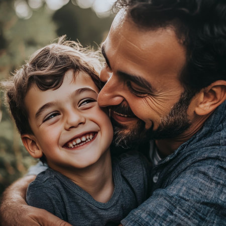 Father and son sharing a joyful moment outdoors in natural lightの素材