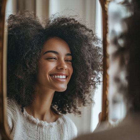 Young woman with natural hair smiling at her reflectionの素材