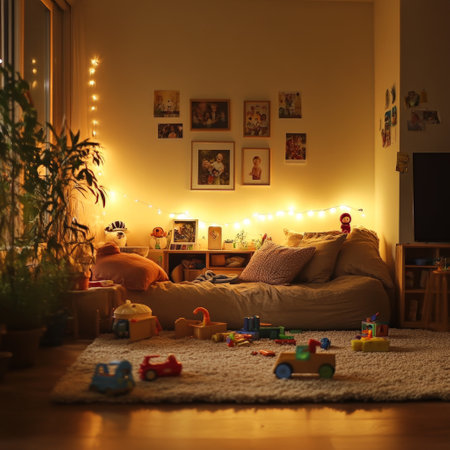 Cozy living room with string lights and toys scattered on the floorの素材