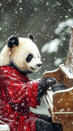 Panda in red robe playing piano during snowfall in tranquil forestの素材