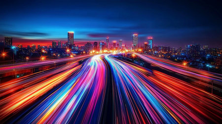 High-speed light trails in colorful city at twilightの素材