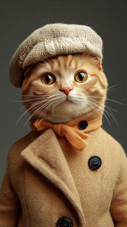 Stylish cat wearing a hat and coat in a studio portraitの素材