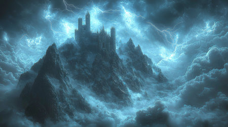 Mysterious dark castle surrounded by stormy clouds and lightningの素材