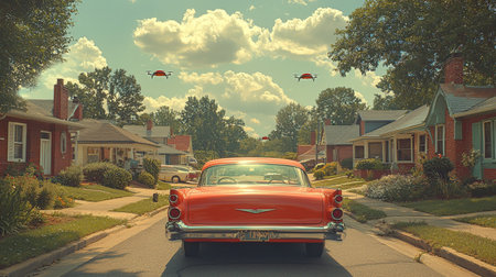 Vintage car driving in suburban neighborhood with drones overheadの素材