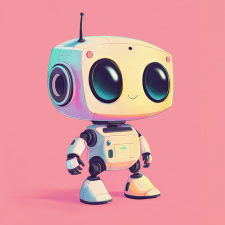Adorable futuristic robot with a square head and pastel tonesの素材
