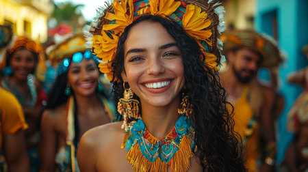 Smiling woman in ethnic festival attire with flower crownの素材