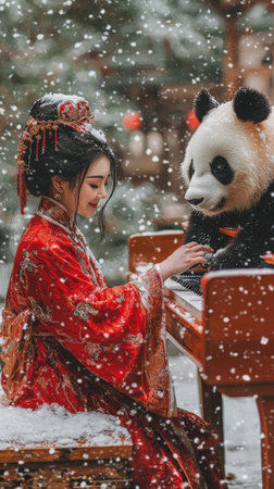 Woman in traditional red attire playing piano with a panda in snowの素材