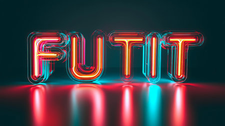 Futuristic neon typography with glowing 3D effect and reflectionsの素材