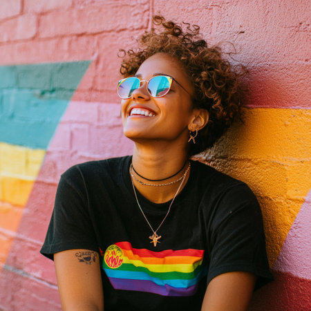 Woman smiling in black shirt with rainbow pride flagの素材