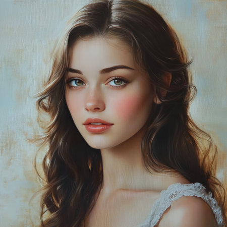 Soft portrait of young woman with flowing brown hairの素材