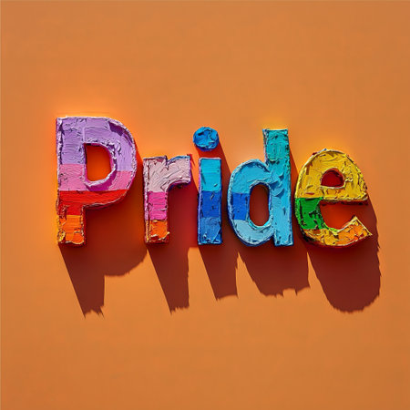 Colorful Pride text in vibrant paint strokes on orange backgroundの素材