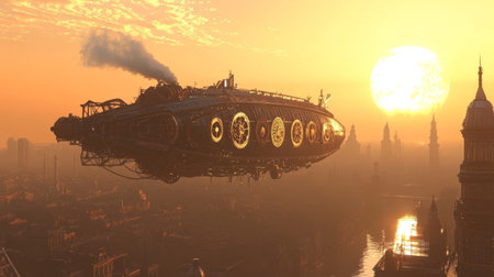 Steampunk airship gliding over a city bathed in golden sunlightの素材