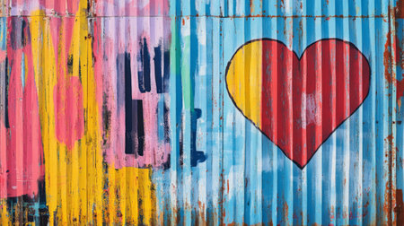 Large red heart graffiti on a colorful metal wallの素材